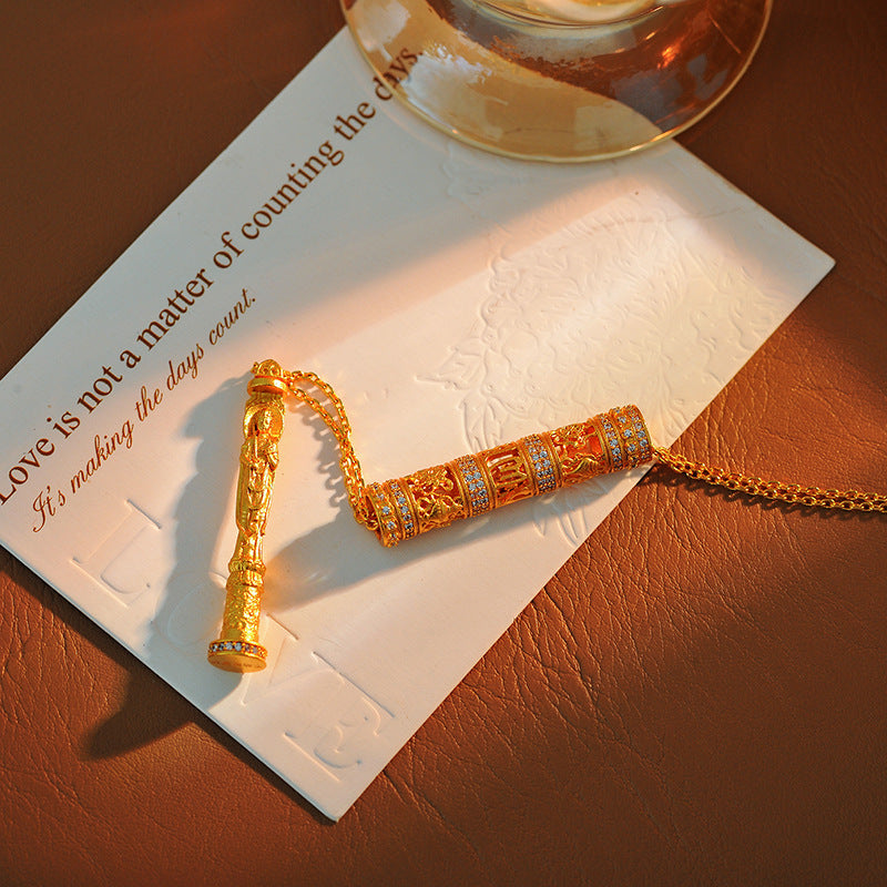 New Chinese Style Ancient Method Hollow Carved Inlaid Cylinder Necklace Eight Styles Portable Gold Buddha Necklace Prayer Wheel for Men and Women Couples