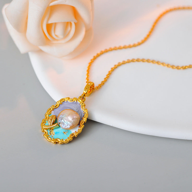 New Chinese Style Retro National Style Oil Painting Flower Pearl Gold Necklace Niche Vintage Light Luxury High-end Clavicle Chain