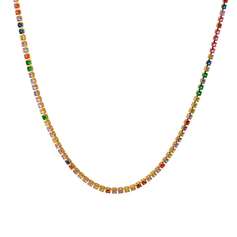 New Korean and Japanese Niche Design Fresh Colorful Zircon Brass Gold-Plated Short Thin Necklace Bracelet Collarbone Chain Set