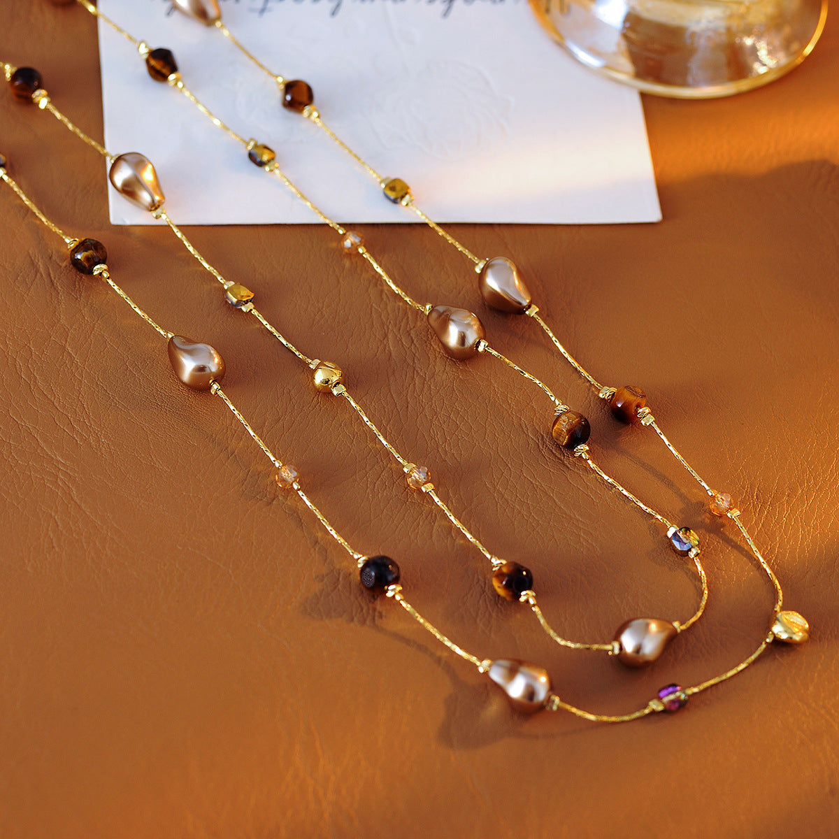 Vintage Melard Long Beaded Tiger Eye Stone Necklace Accessory for Women, Light Luxury, Small Multi-layer Sweater Chain