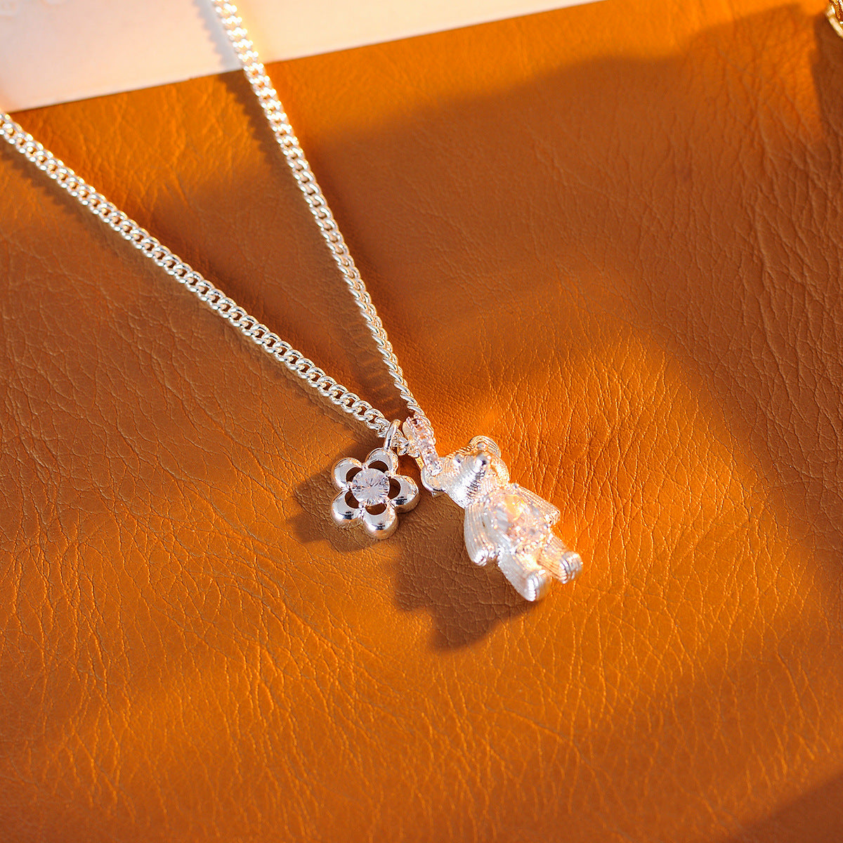 New Silver-Plated Copper Series Sweet Princess Style Geometric Bear Collarbone Chain High-End Light Luxury Necklace