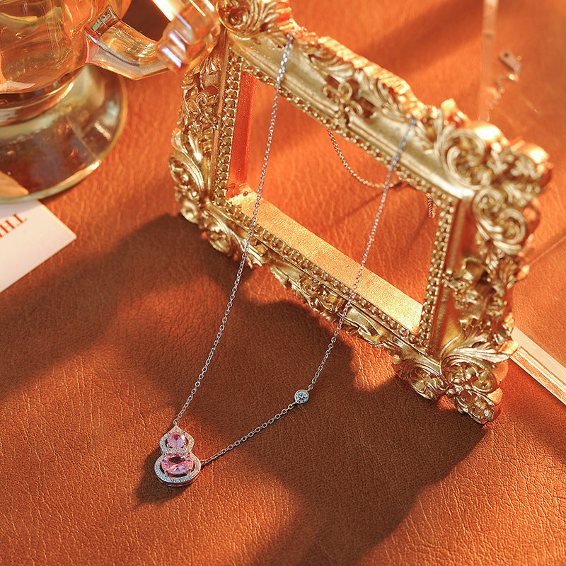 S925 Sterling Silver Necklace for Women New Hot Style Pink Zircon Blue Zircon Gourd Pendant Clavicle Chain Summer Exquisite Neck Chain