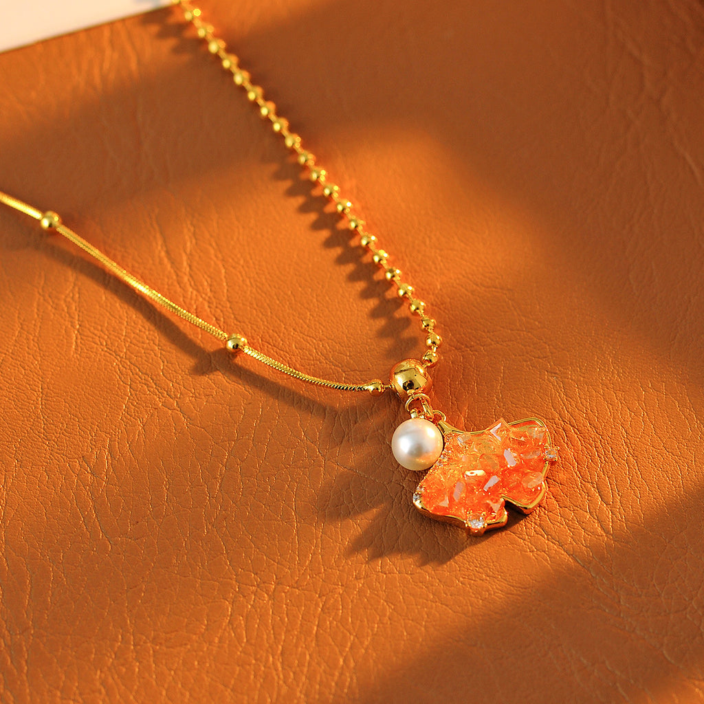 Unique Design Fashionable Versatile Brightening Necklace New Trendy Gradient Crystal Ginkgo Necklace