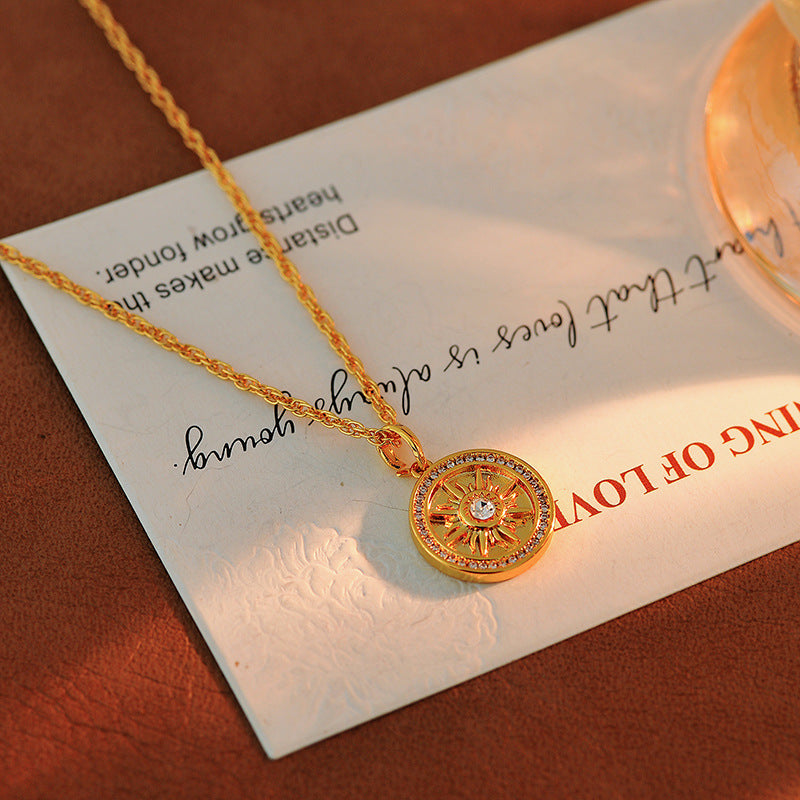 Traditional Inlaid Diamond Round Sunflower Gold-Plated Necklace for Women, New Autumn Winter Sweater Chain, Light Luxury High-End Feel