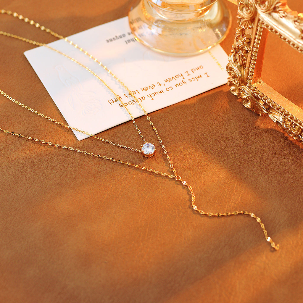 Long Tassel Necklace Light Luxury Elegant High-end Neck Chain Zircon Pendant Double Layer Stacked Collarbone Chain