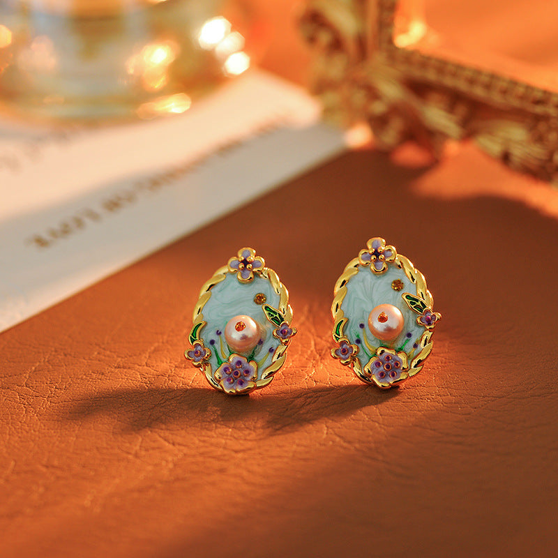 New Chinese Style Colorful Retro Oil Painting Style Natural Freshwater Pearl Earrings S925 Silver Needle Niche Fashion High-end Earrings