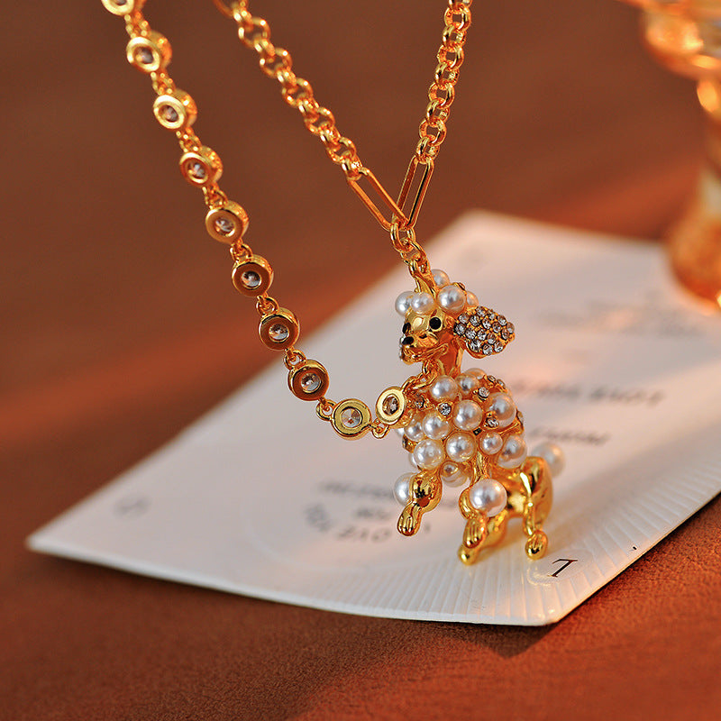 European and American Jewelry Creative Personality Sparkling Diamond Fun Cute Pearl 3D Dog Shape Necklace