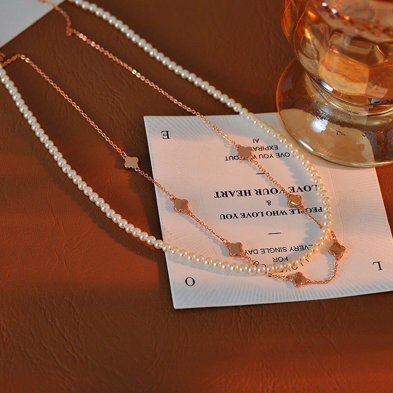 Graceful Luxury High-End Pearl Layered Necklace Personality Versatile Four-Leaf Clover Elegant Luxurious Exquisite Niche Design