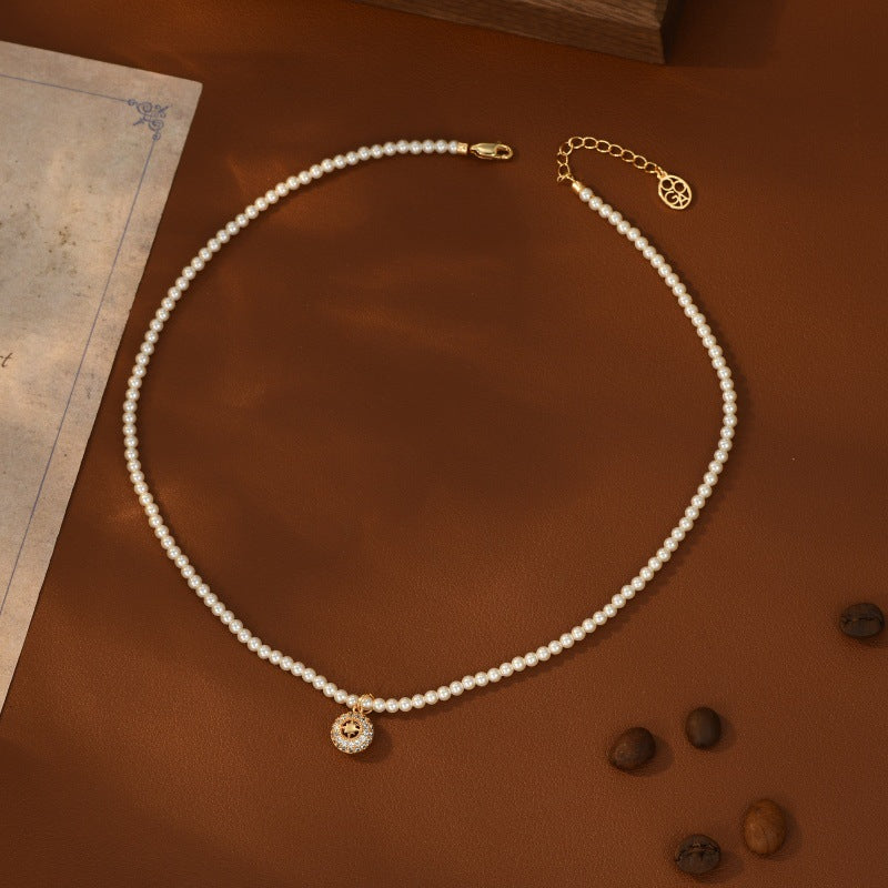 New Year Necklace Light Luxury Elegant Versatile Micro Inlaid Zircon Hollow Eight-Pointed Star Pendant Pearl Necklace for Women