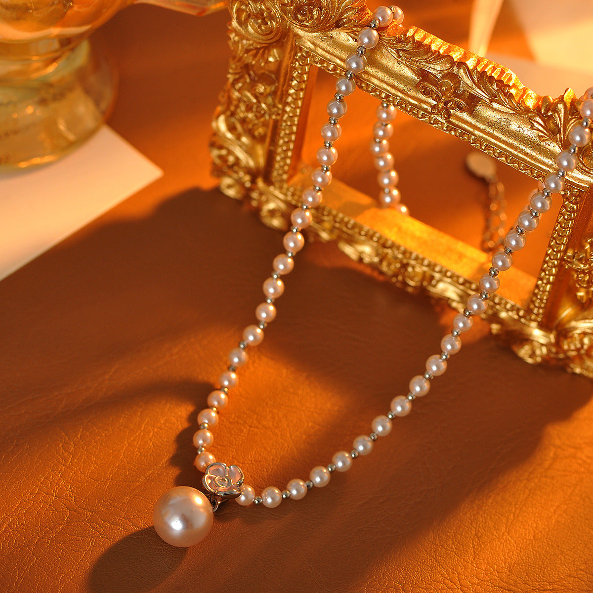 Fashionable Chanel Style Camellia Pearl Necklace Light Luxury Socialite Elegant Temperament Trendy Simple Jewelry