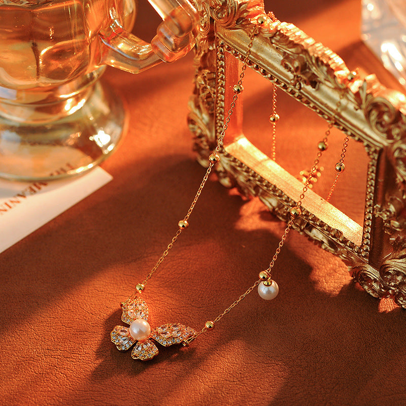 Fashion Versatile Pearl Necklace for Women, High-End Elegant Light Luxury Zircon Butterfly Collarbone Chain, Minimalist Style Neck Chain Accessory