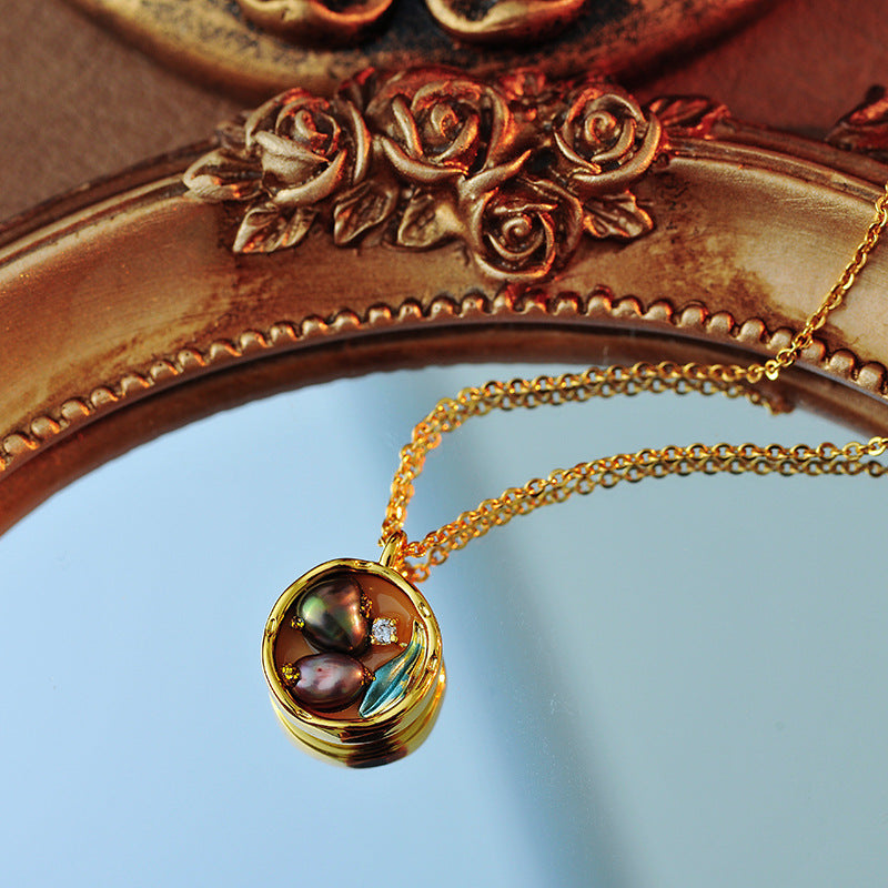 Oil Painting Style Medieval Pendant Baroque Pearl Necklace for Women Light Luxury Niche National Style Sweater Chain A10185