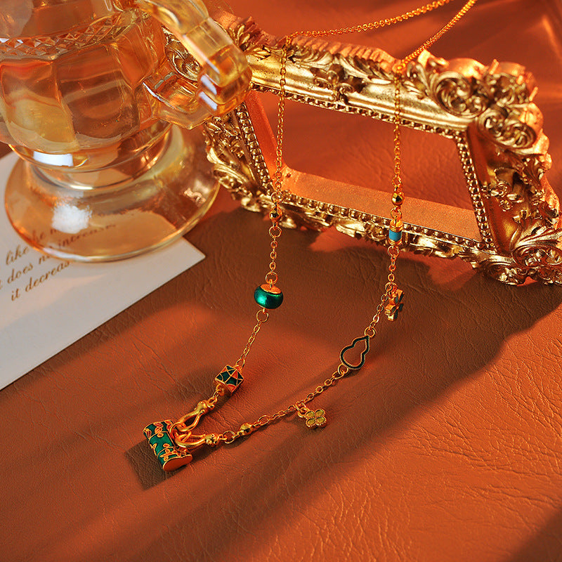 Gold Color Burnt Blue Wealth Flower Peace Lock Necklace for Women Vintage New Chinese Style Enamel Lock Bag Pendant Collarbone Chain