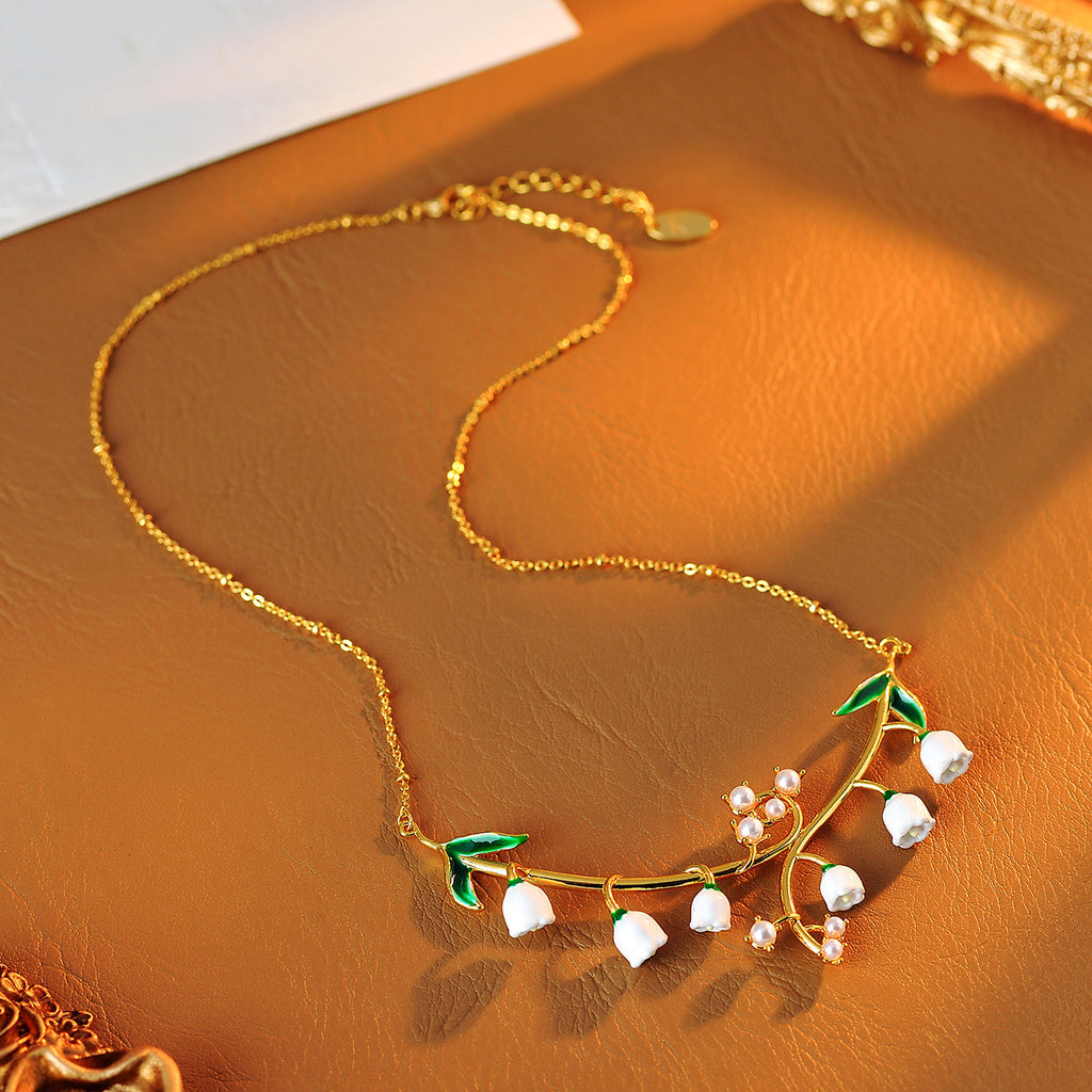 European and American Style Enamel Glaze Forest Style Sweet Plant Lily of the Valley Pearl Embellished Gentle Temperament Necklace