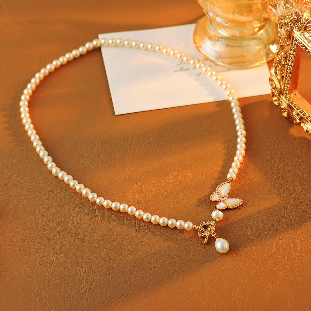 Natural Mother-of-Pearl Butterfly OT Buckle Slimming Pearl Necklace for Women New French Style Versatile Collarbone Chain