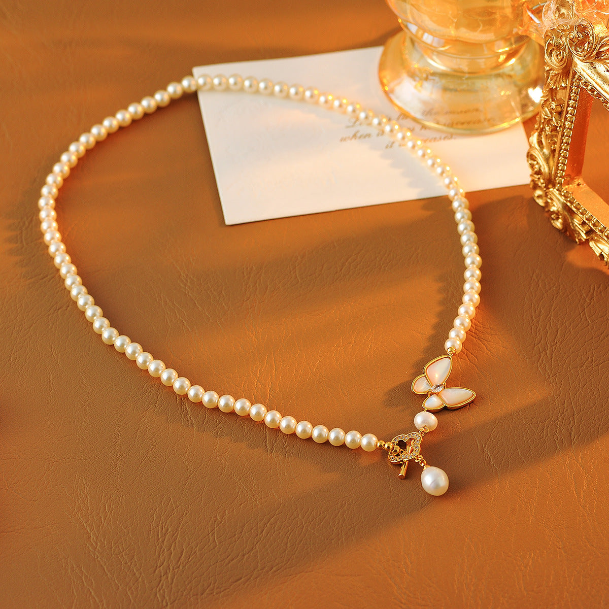 Natural Mother-of-Pearl Butterfly OT Buckle Slimming Pearl Necklace for Women New French Style Versatile Collarbone Chain