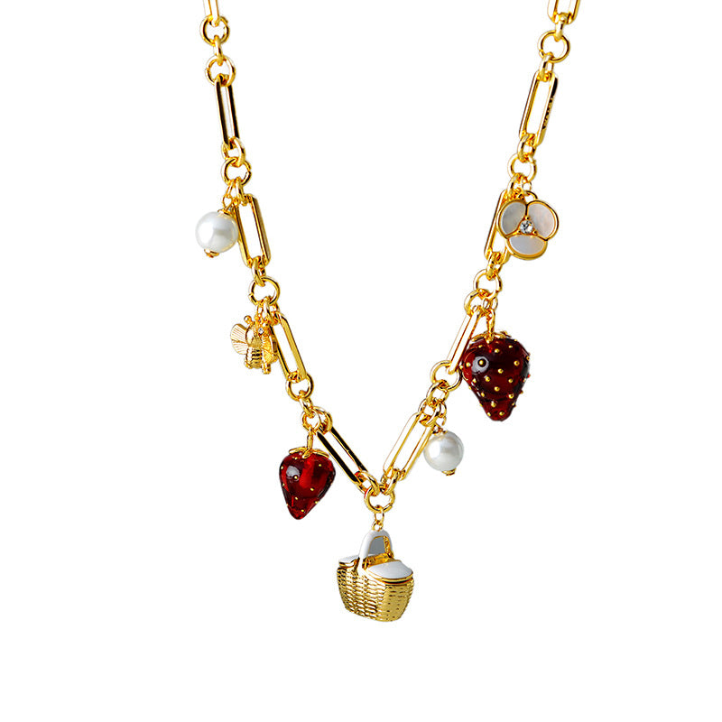 New Sweet Fresh Pastoral Style Strawberry Flower Bee Pearl Flower Basket Multi-Pendant Metal Necklace