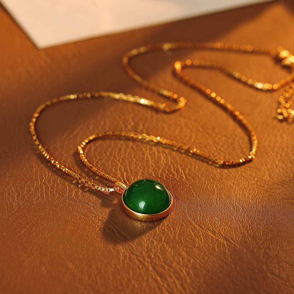 Vintage Ice Transparent Sun Green Chalcedony Pendant Necklace New Chinese Style Petite Brightening Daily Collarbone Chain