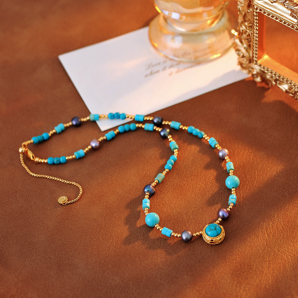 Original Design New Chinese Style Retro Green Pine Pendant Necklace Manta Rose Purple Pearl Sweater Chain