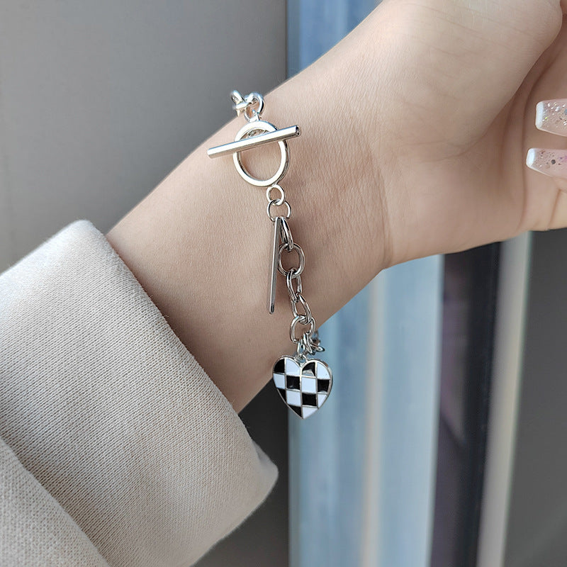 Unique Design Checkerboard Heart Pendant Bracelet for Women Trendy Cool Simple Fashion Bangle Accessories Japanese Korean Style