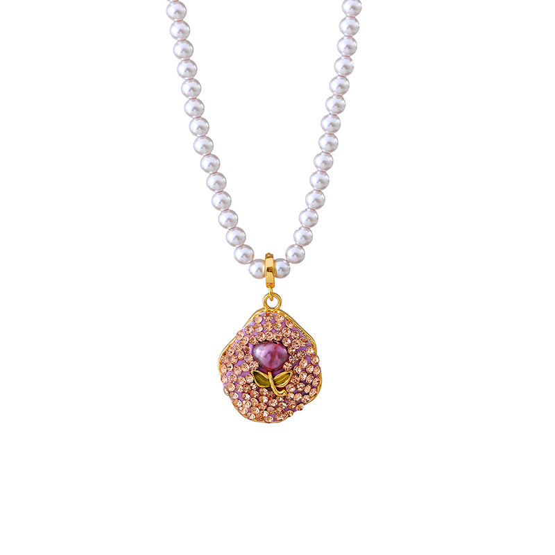 New Pearl Flower Necklace Full Inlaid with Colorful Zircon Purple Flower Necklace Fashionable Elegant High-end Necklace for Women