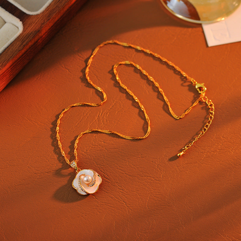 Pearl Rose Flower Necklace for Women, Light Luxury Enamel, High-End Niche Design, Fashionable and Elegant French Collarbone Chain