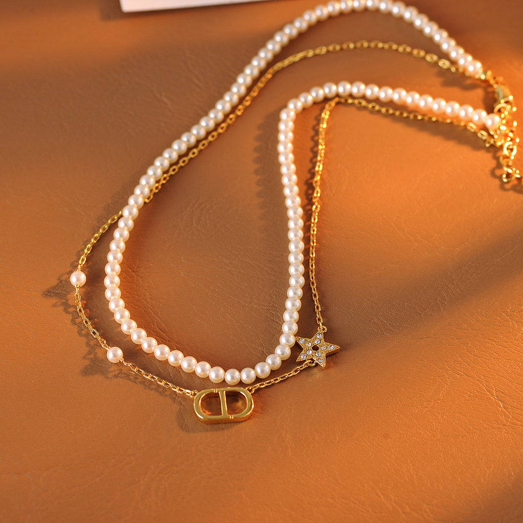 Pig Nose Bracelet Necklace Pearl Necklace New Light Luxury Fashion Letter Five-Star Double Layer Stacking