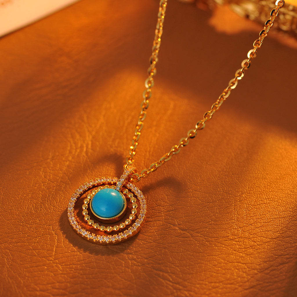French Style Light Luxury High-End Vintage Full Diamond Turquoise Pendant Necklace Exquisite Retro Collarbone Chain