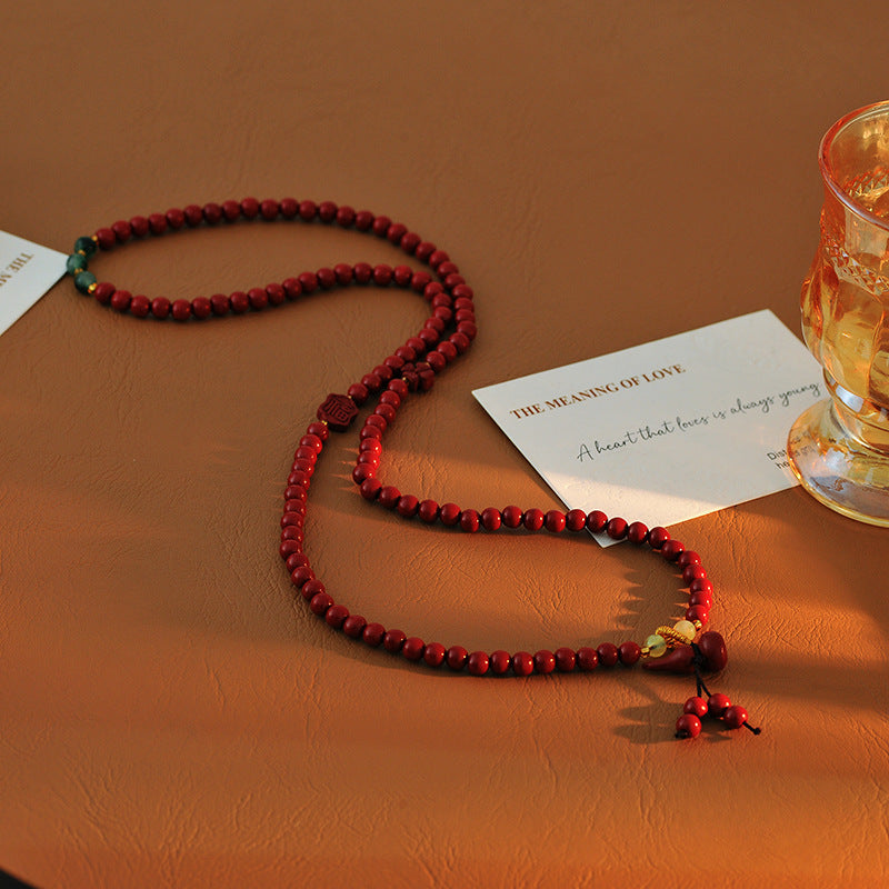 High Content Natural Cinnabar 6mm Bead Three Circle Bracelet Necklace Female Peace Gourd Long Bracelet Ethnic Style Purple Gold Sand