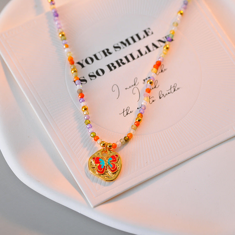 New Fashion Simple Colorful Beaded Butterfly Necklace for Women High-end Versatile Rainbow Collarbone Chain
