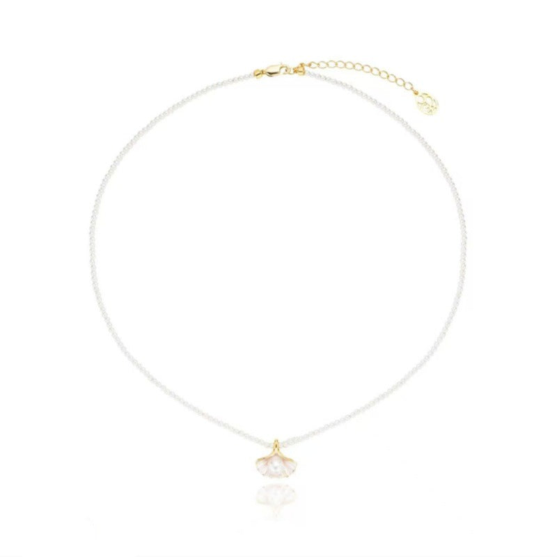 2mm Beads Natural Freshwater Pearl Ginkgo Leaf Necklace Exquisite Versatile High-end Pearl Collarbone Chain