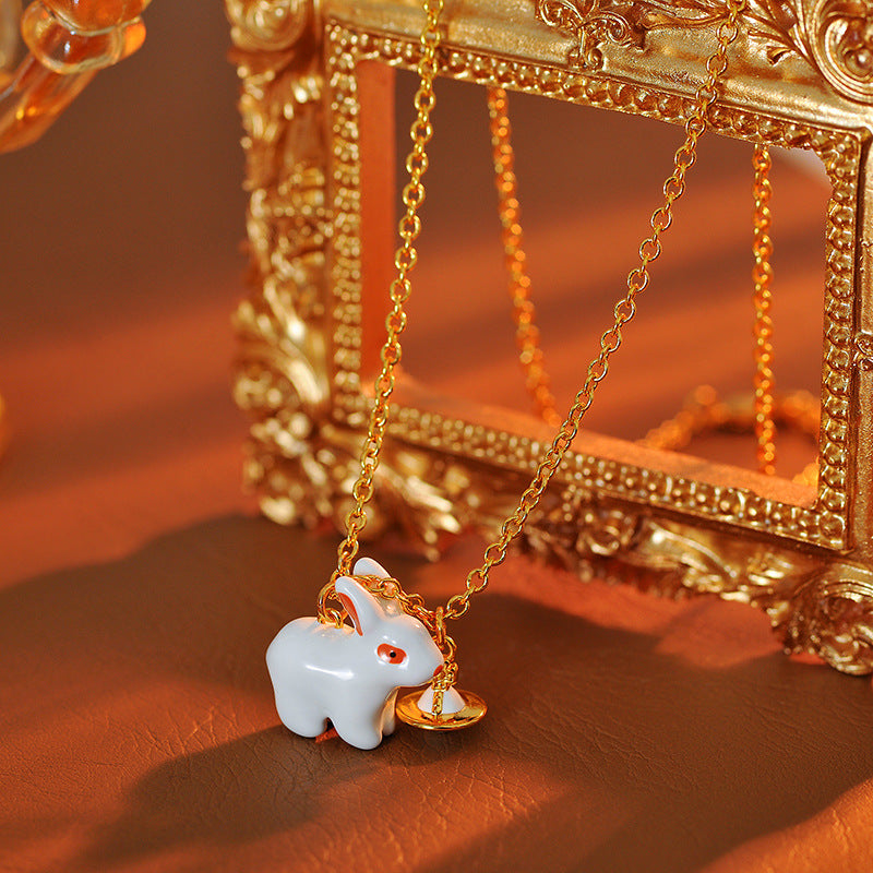 European and American Cute Creative 3D Enamel Glaze Little White Rabbit Planet Bunny Shape Necklace for Women One Piece