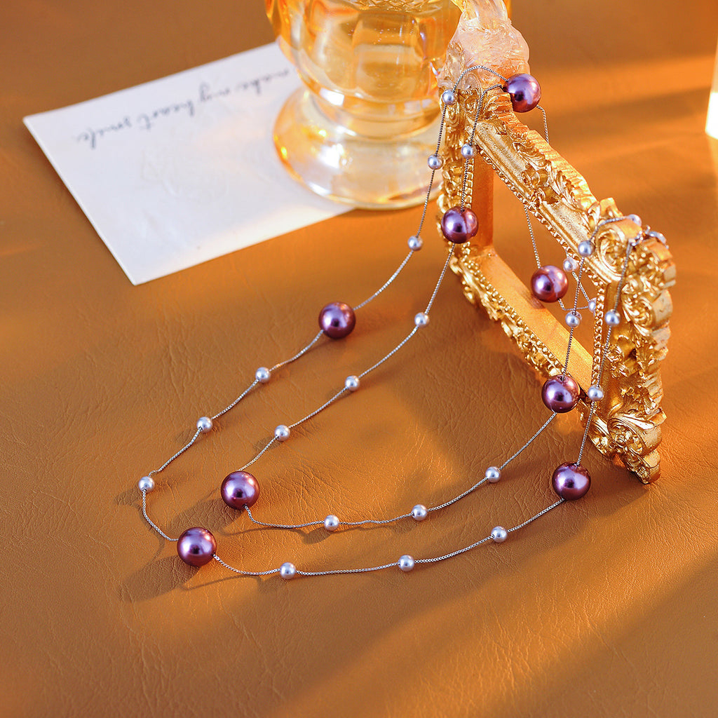 French Style Layered Long Purple Pearl Necklace Fashionable Elegant Light Luxury High-end Sweater Chain for Women
