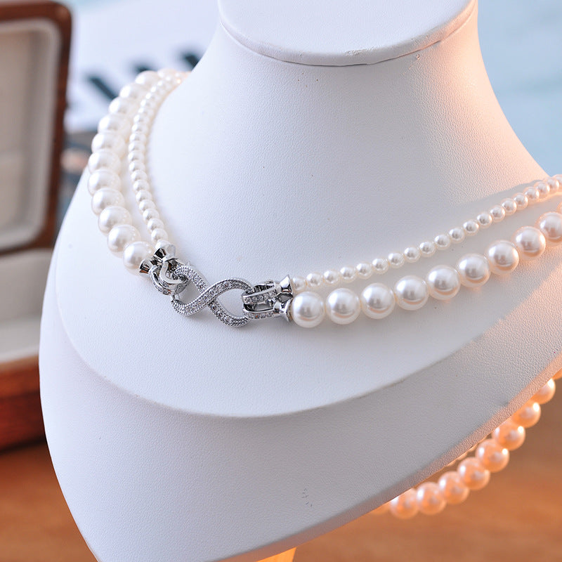 Double Layer Perfect Round Strong Light Pearl Necklace Niche Retro Layered Sweater Chain Light Luxury Neck Chain Detachable New Style