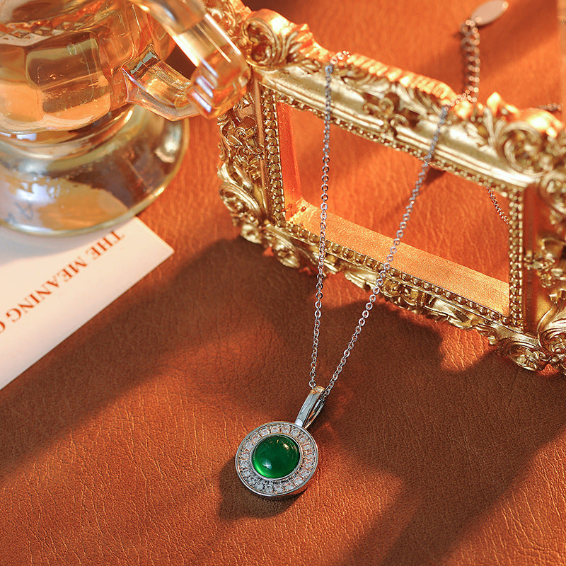 New Chinese Style Green Chalcedony Round Pendant Necklace Fashionable Commuting Versatile Elegant Personality Necklace