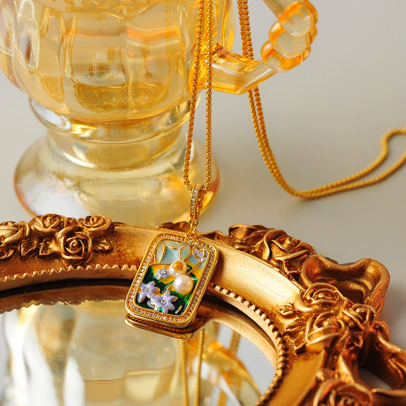 Oil Painting New Chinese Style Pendant Necklace for Women Natural Pearl Vintage National Style Light Luxury Niche Retro Collarbone Chain