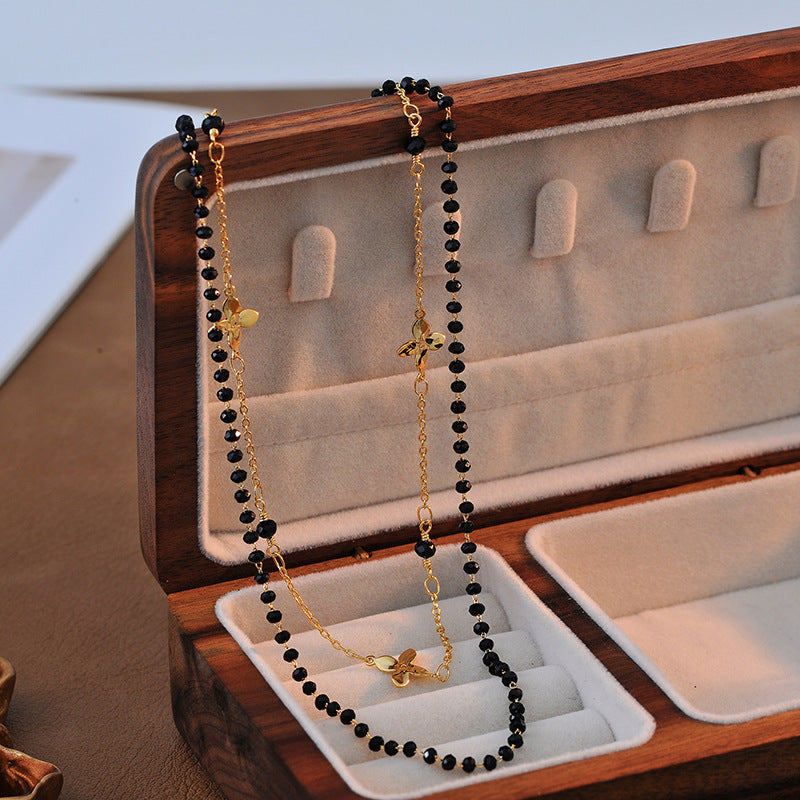 Electroplated Fashion Exquisite Double Layer Stacked Four-Leaf Flower Obsidian High-End Personality Necklace Versatile Collarbone Chain Choker