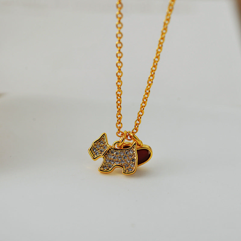 Heart Shell Full Diamond Puppy Necklace for Women, Korean and Japanese Style, Simple Red and White Heart Pendant, Clavicle Chain, Fashionable and Elegant
