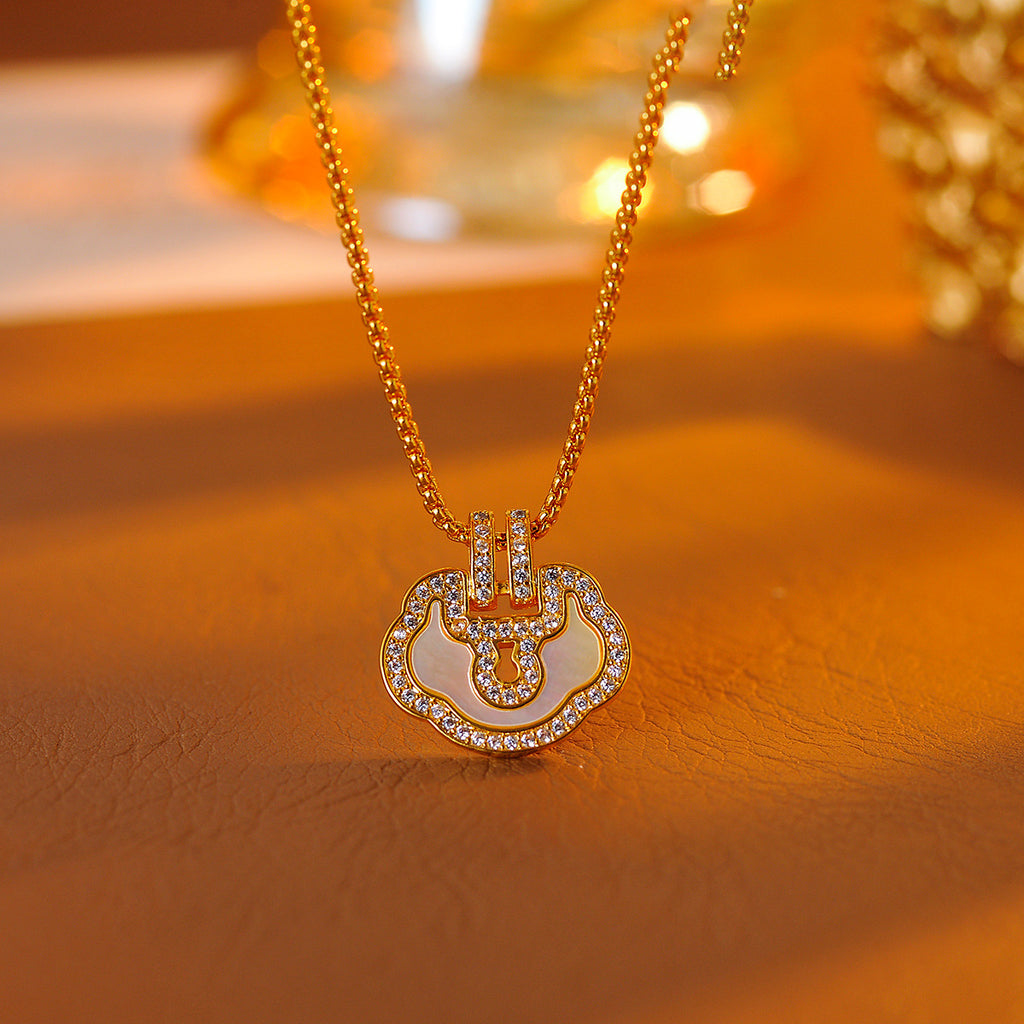 Golden Ruyi Peace Lock Necklace Micro Inlaid Natural Shell Exquisite National Style Fashion Collarbone Chain New Chinese Style Sweater Chain
