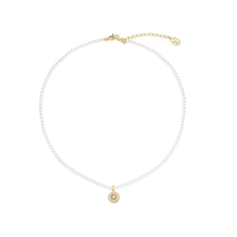 New Year Necklace Light Luxury Elegant Versatile Micro Inlaid Zircon Hollow Eight-Pointed Star Pendant Pearl Necklace for Women