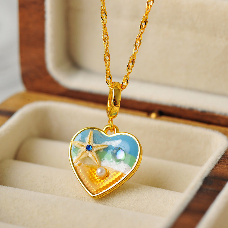 [Romantic Holiday] Oil Painting Style Romantic Sea Breeze Necklace Niche Design Elegant Sweet Heart Collarbone Chain Choker