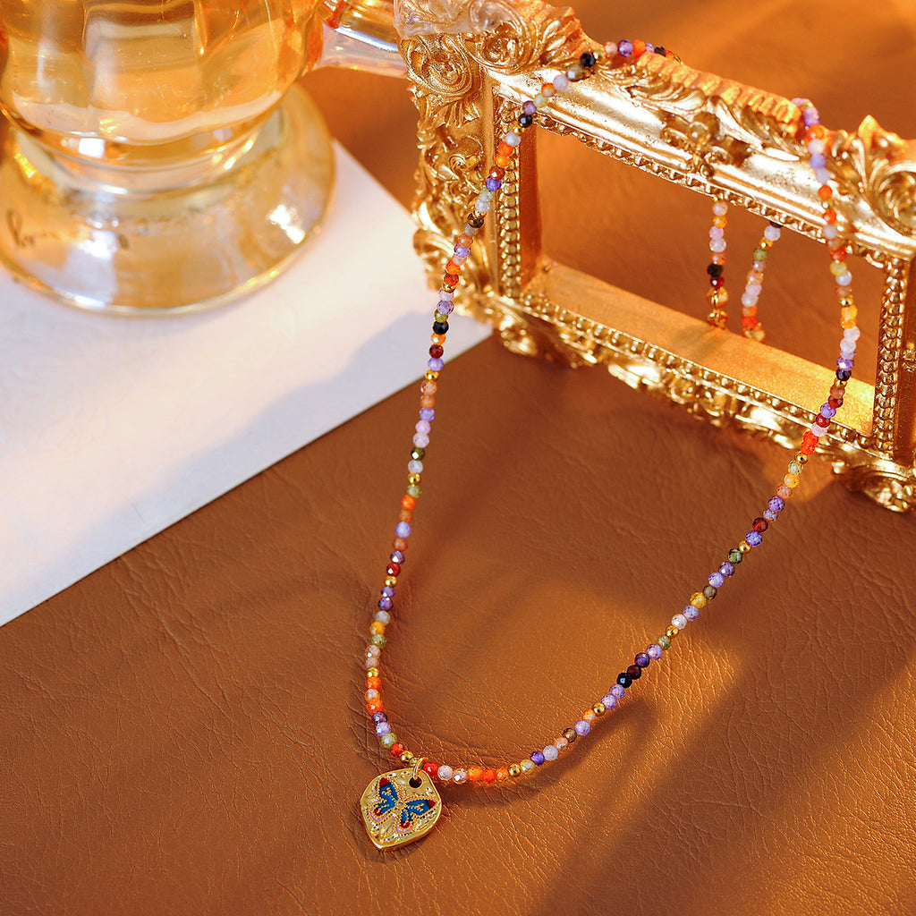 New Fashion Simple Colorful Beaded Butterfly Necklace for Women High-end Versatile Rainbow Collarbone Chain