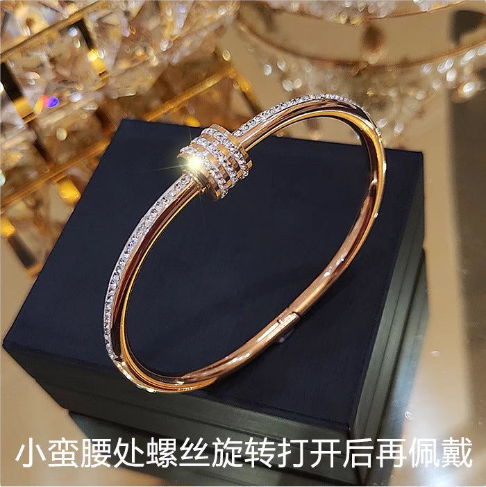Titanium Steel Non-Fading Rose Gold Bracelet for Women, Ins Trend Niche Design Bracelet with Rhinestones, Small Waist Internet Celebrity Jewelry