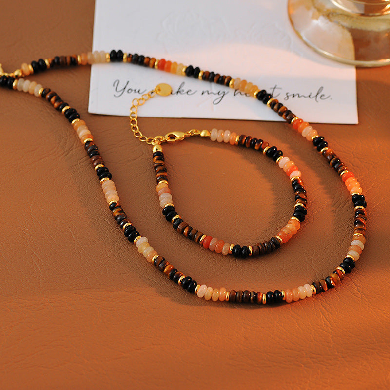 Natural Tiger Eye Stone Bracelet High-end Necklace Electroplated 18K Gold Non-fading Personalized Necklace Bracelet Set