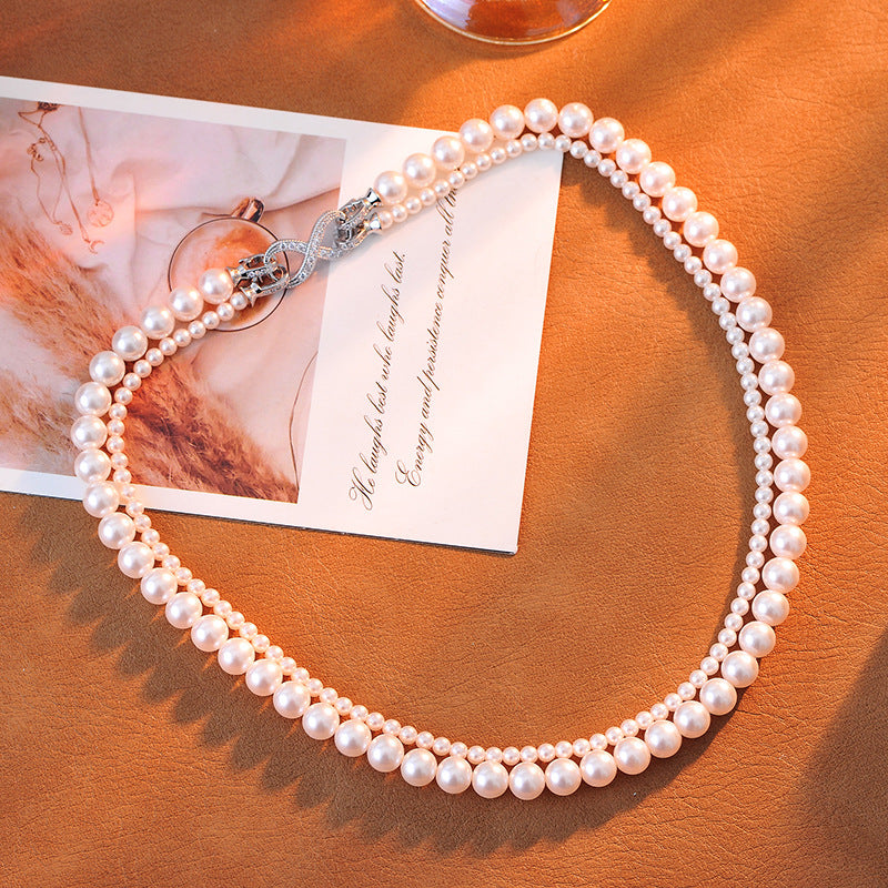 Double Layer Perfect Round Strong Light Pearl Necklace Niche Retro Layered Sweater Chain Light Luxury Neck Chain Detachable New Style