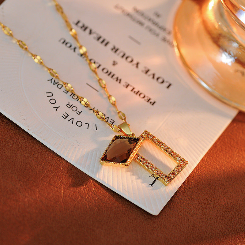 Fashion Melad Diamond-Encrusted Coffee Crystal Necklace for Women, Internet Celebrity Hot Item, Elegant Light Luxury Sweater Chain with Rectangular Pendant