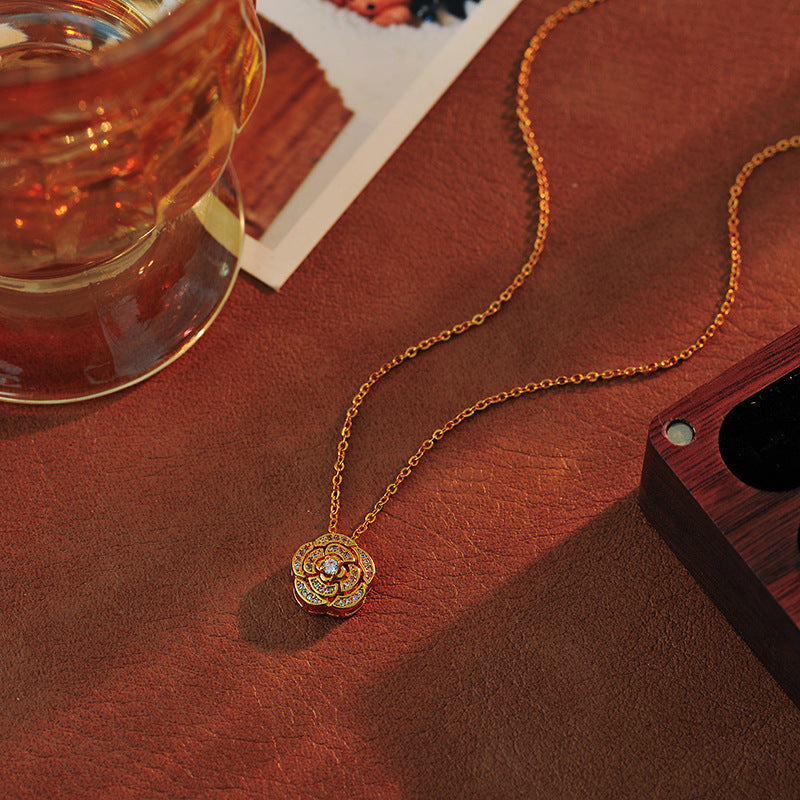 Copper Gold-Plated French Gentle Flower Earrings Necklace Light Luxury Simple Zircon Collarbone Chain High-End Feel A10184