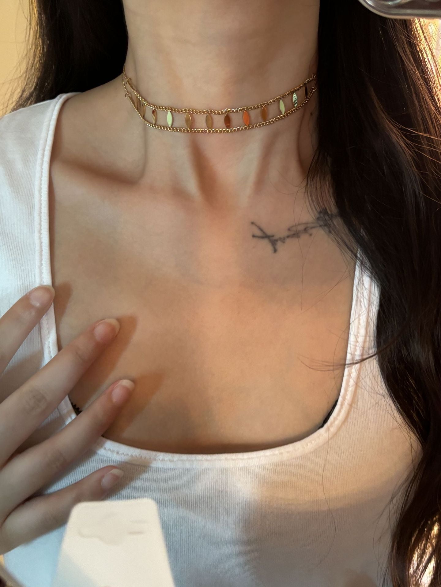 2025 New Double Layer Rhombus Sequin Titanium Steel Necklace Choker for Women Summer Ins Sexy Minimalist Style Collarbone Chain