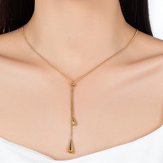 Korean Version New Water Drop Pull-out Earrings Pendant Set Tassel Adjustable Titanium Steel Non-fading Snake Bone Chain Women's Accessories