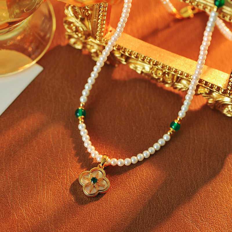 Four-leaf Flower Shell Inlaid Necklace Eight-pointed Star Design New Chinese Style Bracelet Green Natural Stone Sweater Chain Set